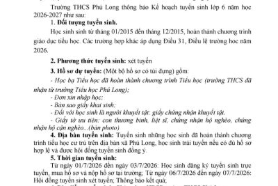 Trường THCS Phú Long Thông Báo Tuyển sinh lớp 6 năm học 2026-2027
